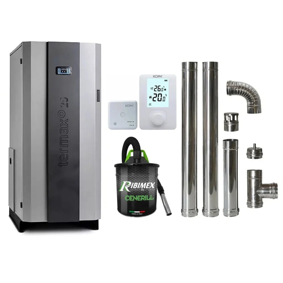 Pachet economic - Centrala cu peleti Termax Compact 25 kW, 170 mp, buncar peleti 75 kg, diametru cos fum ⌀80 mm, vas expansiune si pompa recirculare incluse + Termostat ambiental KOPH 303RF + Aspirator cenusa 1000W + Cos fum inox de interior ⌀80 mm