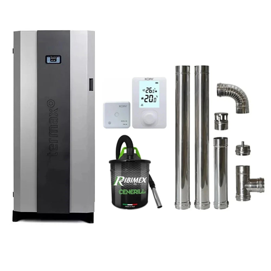 Pachet economic - Centrala cu peleti Termax Compact 30 kW, 200 mp, buncar peleti 90 kg, diametru cos fum ⌀80 mm, vas expansiune si pompa recirculare incluse + Termostat ambiental KOPH 303RF + Aspirator cenusa 1000W + Cos fum inox de interior ⌀80 mm
