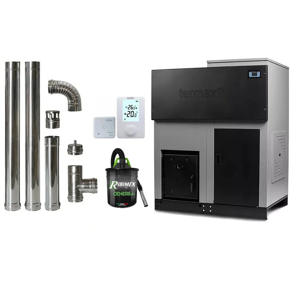 Pachet economic - Centrala cu peleti Termax ECO GRI 70 kW, 440 mp, buncar peleti 205 kg, volum apa 200 litri, diametru cos fum ⌀120 mm + Termostat ambiental KOPH 303RF + Aspirator cenusa 1000W + Cos fum inox de interior ⌀120 mm