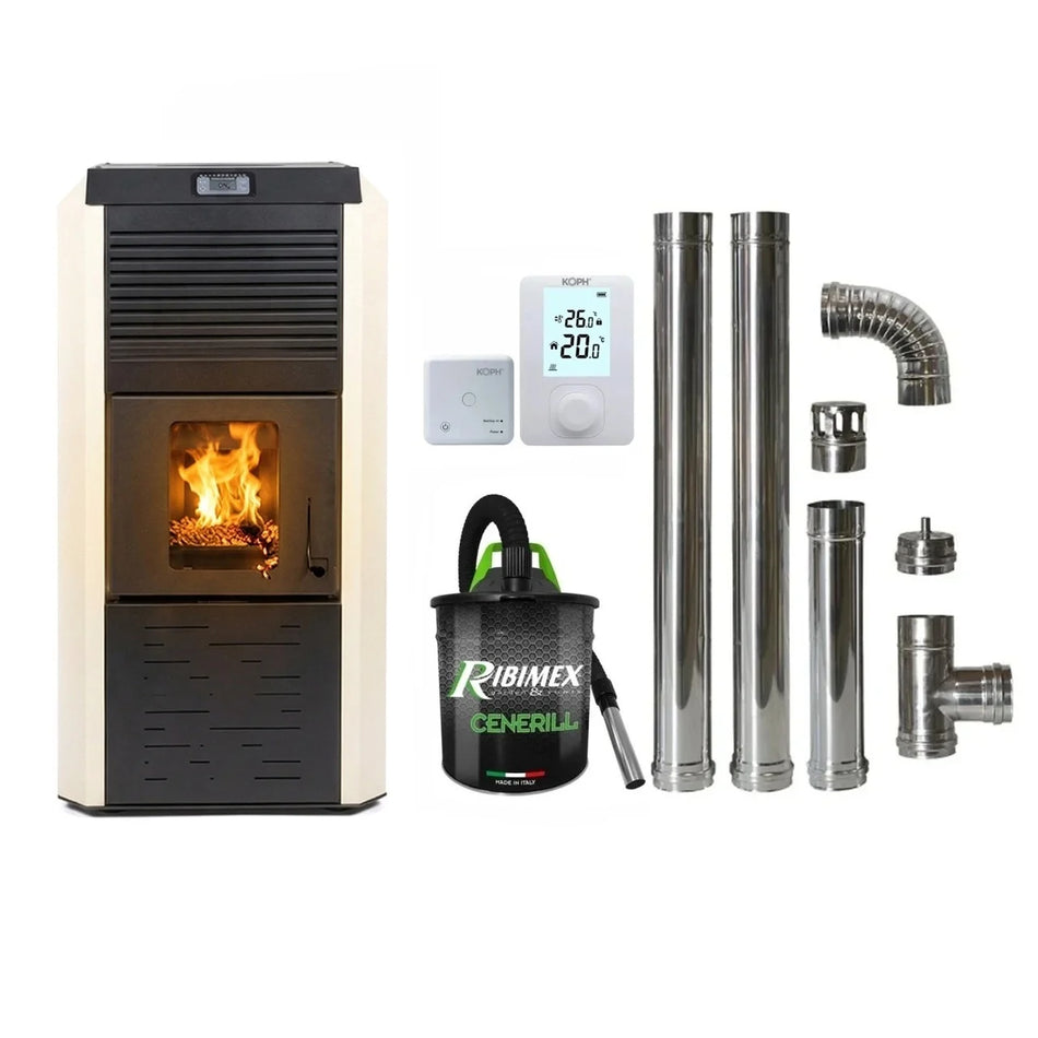 Pachet economic - Termosemineu cu peleti Termax Kamin ECO, 30 kW, 220 mp, buncar peleti 55 kg, diametru cos fum ⌀80 mm, vas expansiune si pompa recirculare incluse, Crem + Termostat KOPH 303RF + Aspirator cenusa 1000W + Cos fum inox de interior ⌀80 mm