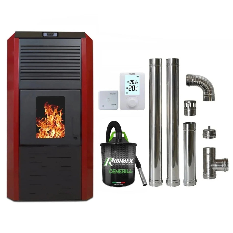Pachet economic - Termosemineu cu peleti Termax Kamin ECO, 30 kW, 220 mp, buncar peleti 55 kg, diametru cos fum ⌀80 mm, vas expansiune si pompa recirculare incluse, Bordo + Termostat KOPH 303RF + Aspirator cenusa 1000W + Cos fum inox de interior ⌀80 mm