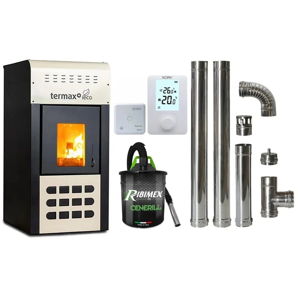 Pachet economic - Termosemineu pe peleti Termax Kamin ECO, 25 kW, 160 mp, buncar peleti 45 kg, diametru cos fum ⌀80 mm, vas expansiune si pompa recirculare incluse, Crem + Termostat KOPH 303RF + Aspirator cenusa 1000W + Cos fum inox de interior ⌀80 mm