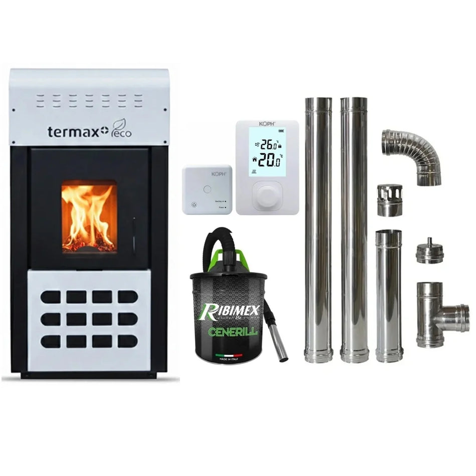 Pachet economic - Termosemineu pe peleti Termax Kamin ECO, 25 kW, 160 mp, buncar peleti 45 kg, diametru cos fum ⌀80 mm, vas expansiune si pompa recirculare incluse, Alb + Termostat KOPH 303RF + Aspirator cenusa 1000W + Cos fum inox de interior ⌀80 mm