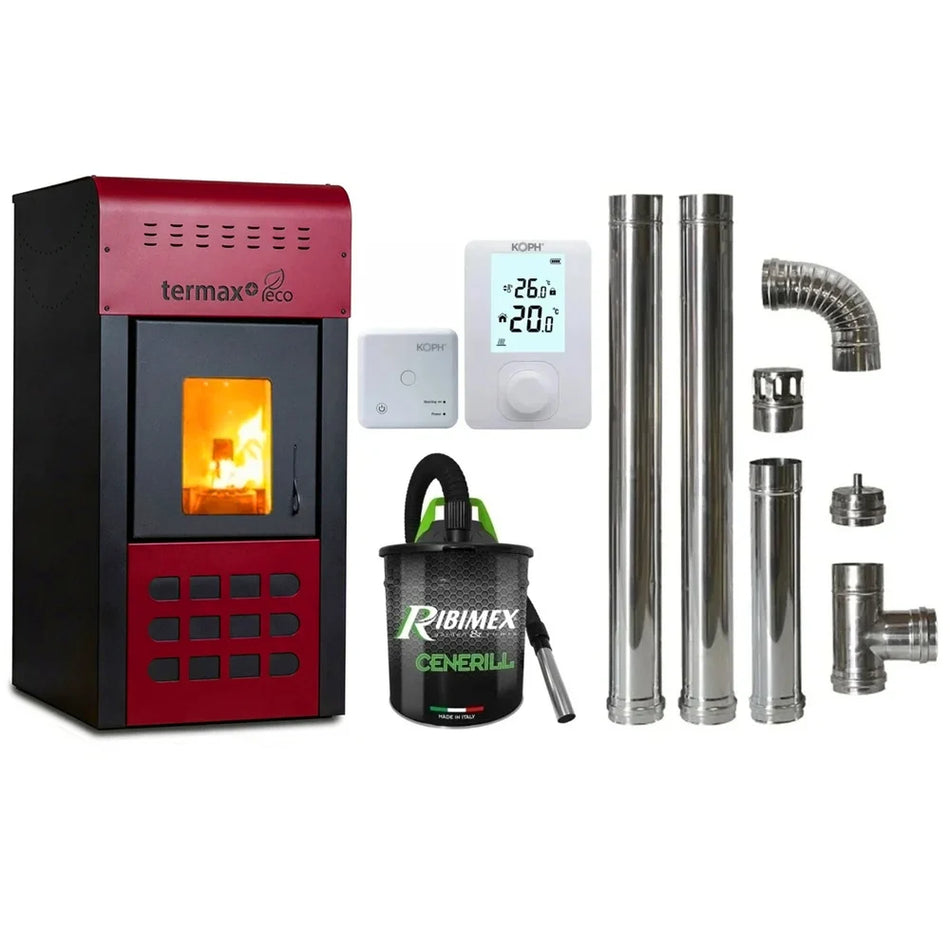 Pachet economic - Termosemineu pe peleti Termax Kamin ECO, 25 kW, 160 mp, buncar peleti 45 kg, diametru cos fum ⌀80 mm, vas expansiune si pompa recirculare incluse+ Termostat KOPH 303RF + Aspirator cenusa 1000W + Cos fum inox de interior ⌀80 mm