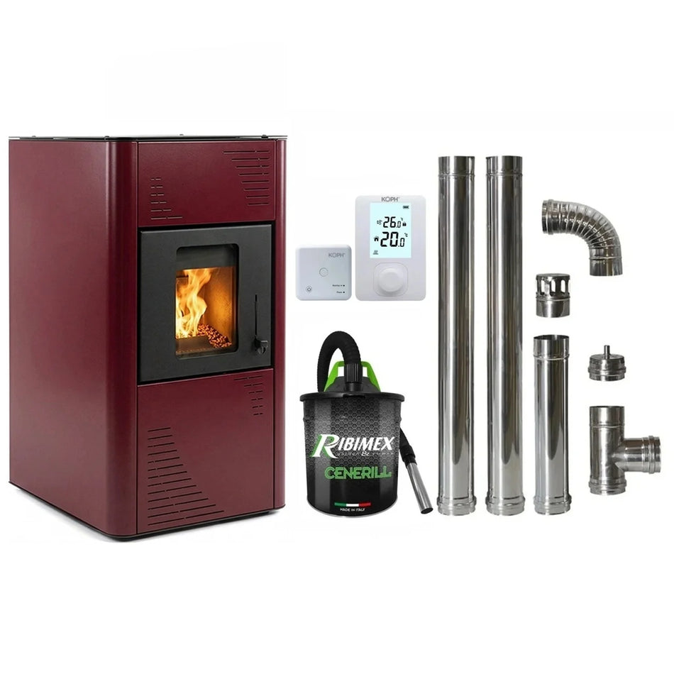 Pachet economic - Termosemineu pe peleti Termax Kamin PM 15 kW, 120 mp, buncar peleti 30 kg, diametru cos fum ⌀80 mm, vas expansiune si pompa recirculare incluse, Bordo + Termostat KOPH 303RF + Aspirator cenusa 1000W + Cos fum inox de interior ⌀80 mm