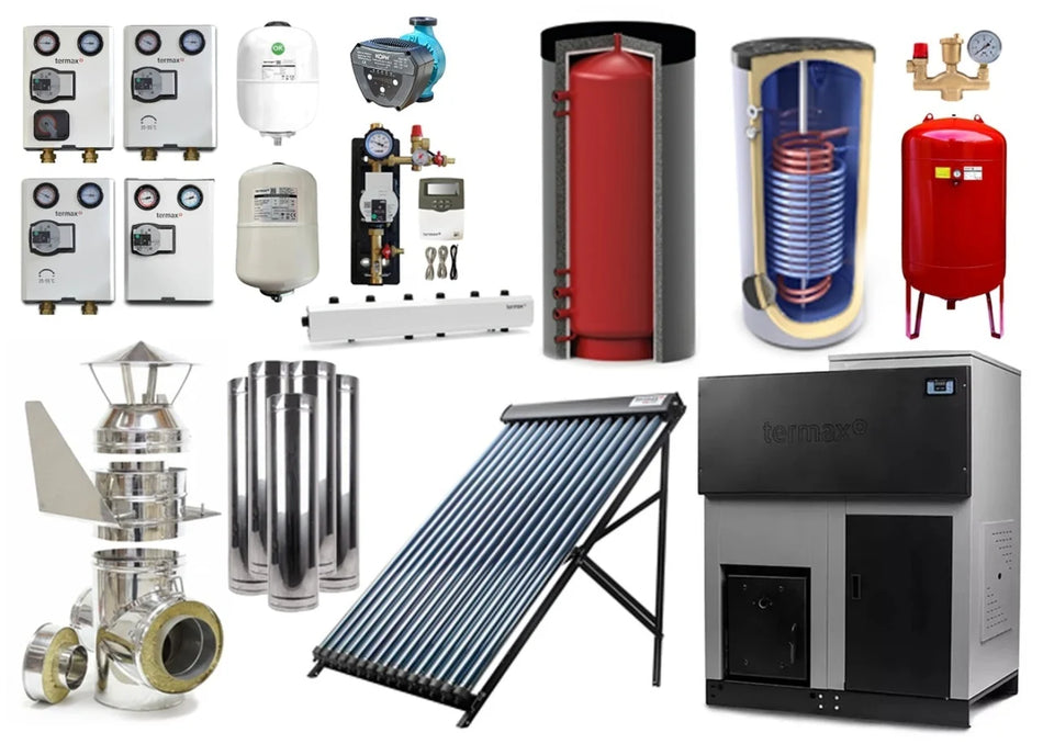 Pachet Max Confort - Colector solar cu 24 tuburi vidate echipate cu heat-pipe, control temperatura, Termax Solar, Grup pompare HERZ, Automatizare SR208C Wi-Fi, Vas expansiune solar 12 litri, Centrala peleti Termax Eco Gri 50 kW