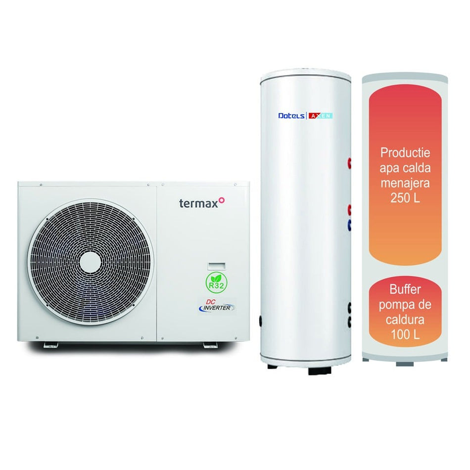 Pachet pompa de caldura Termax 14 kW, Wi-Fi, Alimentare Monofazica, Monobloc, Aer-Apa, Compresor Mitsubishi, Inverter + Boiler stativ cu serpentina marita 2 in 1 ACM & Buffer