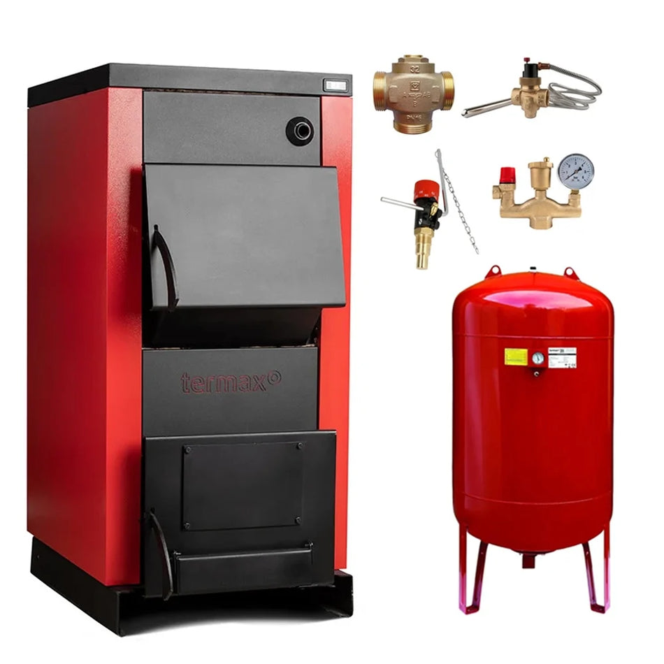 Pachet siguranta completa - Centrala/Cazan pe lemn Termax 30 kW, cu ardere standard, volum manta apa 90 litri, vas expansiune, vana termostatica, supapa termica, grup siguranta si regulator de tiraj