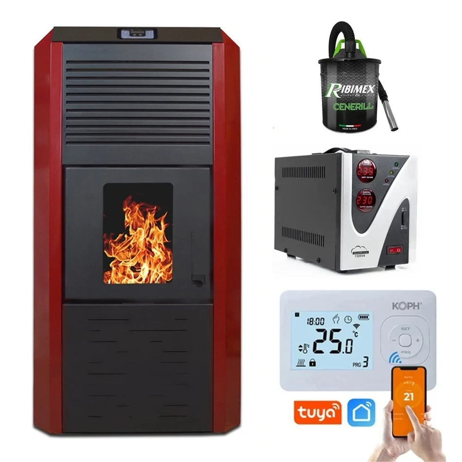 Pachet Smart Control - Termosemineu cu peleti Termax Kamin ECO, 30 kW, 220 mp, volum apa 49 litri, diametru cos fum ⌀80 mm, vas expansiune si pompa recirculare incluse + Termostat inteligent KOPH I302 WiFi + Aspirator cenusa 1000W + Stabilizator tensiune