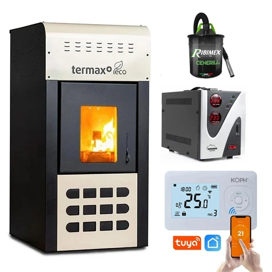 Pachet Smart Control - Termosemineu pe peleti Termax Kamin ECO, 25 kW, 160 mp, volum apa 42 litri, diametru cos fum ⌀80 mm, vas expansiune si pompa recirculare incluse + Termostat inteligent KOPH I302 WiFi + Aspirator cenusa 1000W + Stabilizator tensiune