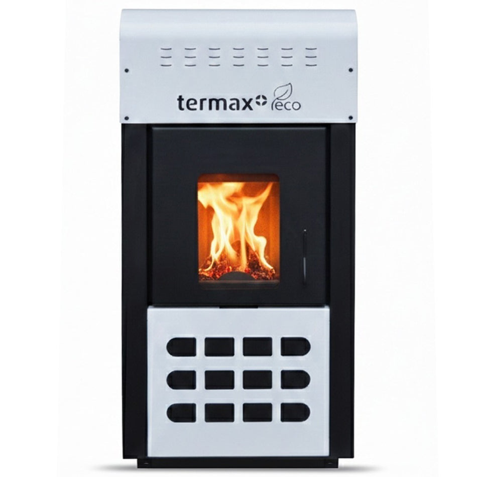 Termosemineu pe peleti Termax Kamin ECO, 25 kW, 160 mp, buncar peleti 45 kg, volum apa 42 litri, diametru cos fum ⌀80 mm, vas expansiune si pompa recirculare incluse, Alb