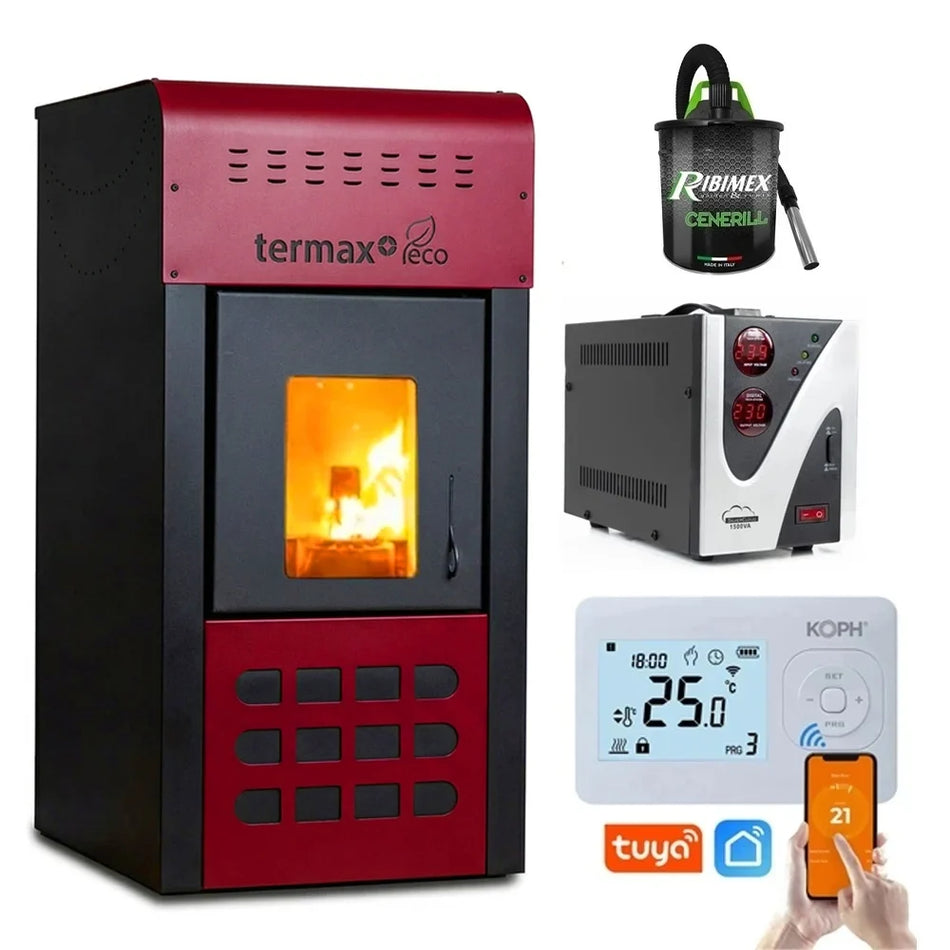 Pachet Smart Control - Termosemineu pe peleti Termax Kamin ECO, 25 kW, 160 mp, volum apa 42 litri, diametru cos fum ⌀80 mm, vas expansiune si pompa recirculare incluse + Termostat inteligent KOPH I302 WiFi + Aspirator cenusa 1000W + Stabilizator tensiune