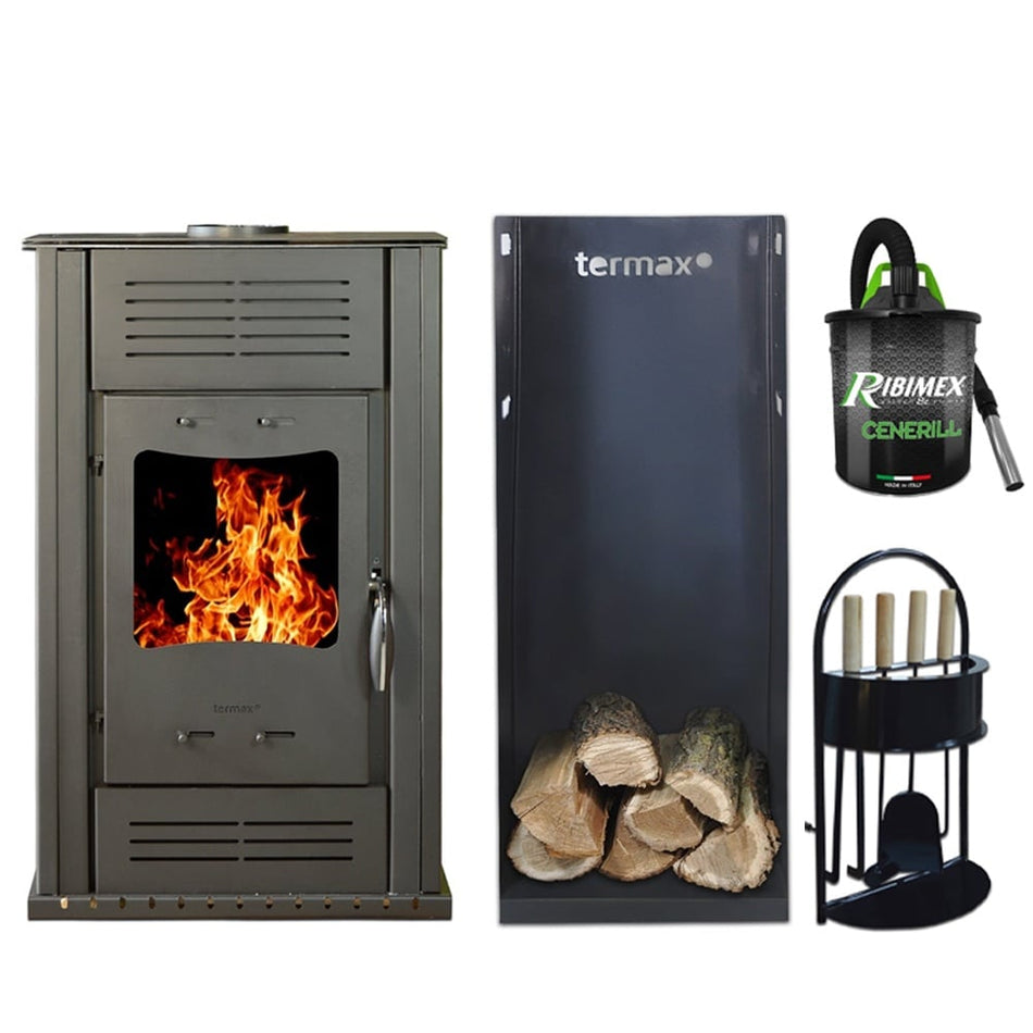 Pachet soba pe lemn Termax Ambra, 9.47 kW, randament 84.32%, 60 m², Bej, set accesorii, aspirator cenusa si suport lemne foc metalic Termax XL