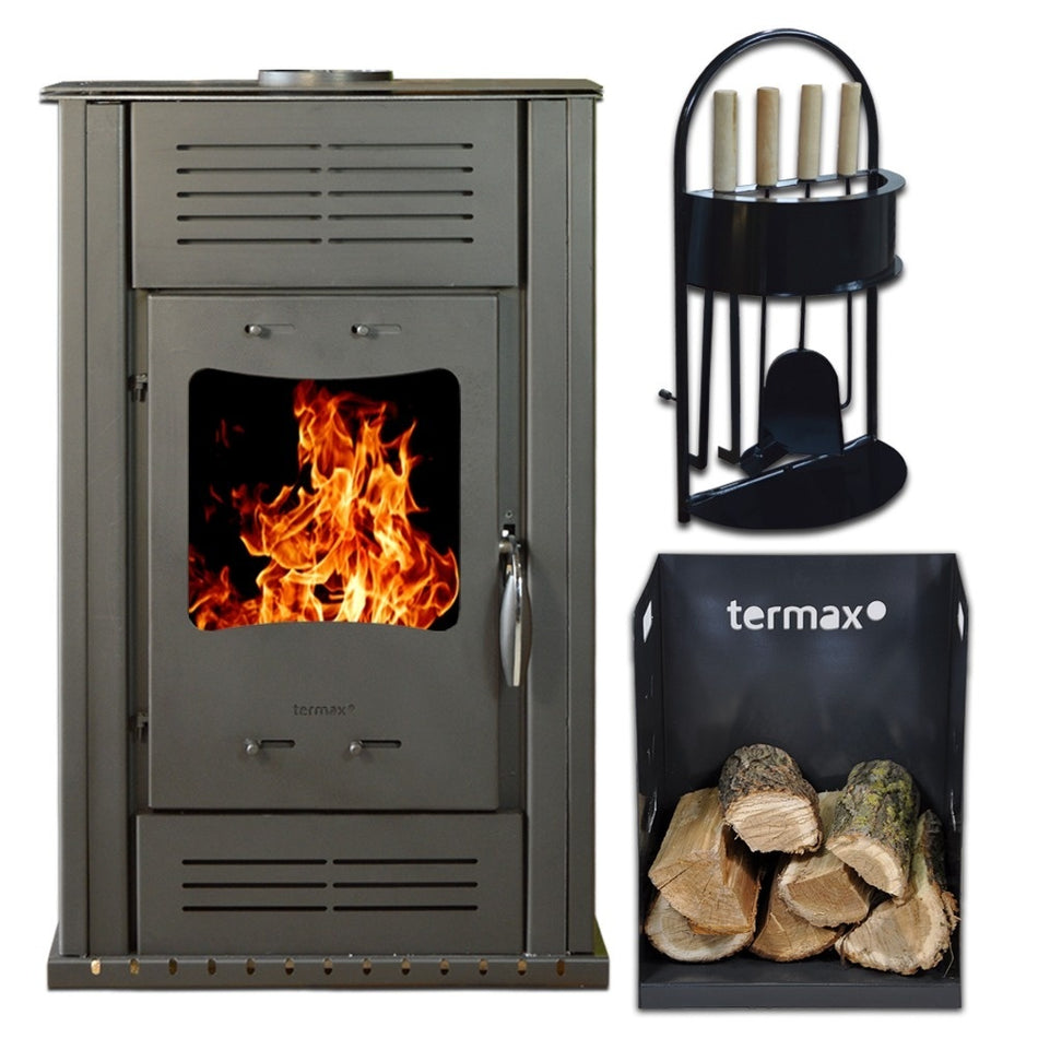 Pachet soba pe lemn Termax Ambra, 9.47 kW, randament 84.32%, 60 m², set accesorii, Termax si suport lemne foc metalic Termax M