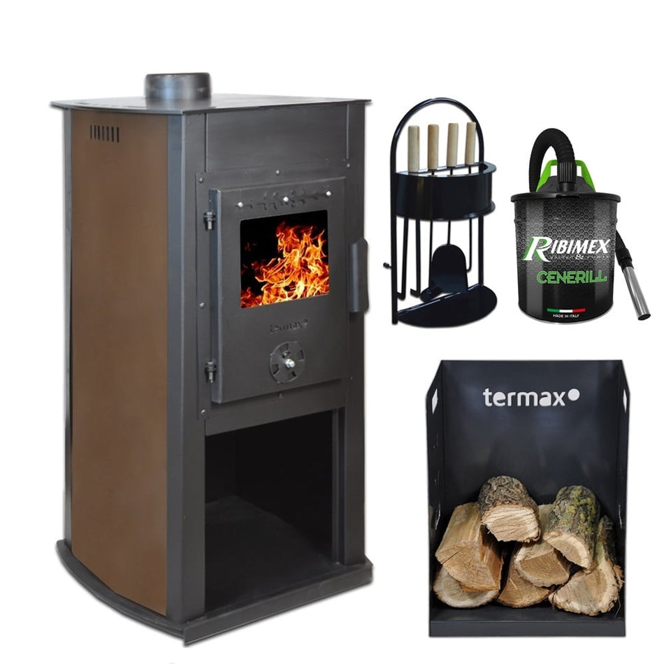 Pachet soba pe lemn Termax Armonia, 8.45 kW, randament 80.36%, 55 m², Maro, set accesorii, aspirator cenusa si suport lemne foc metalic Termax M