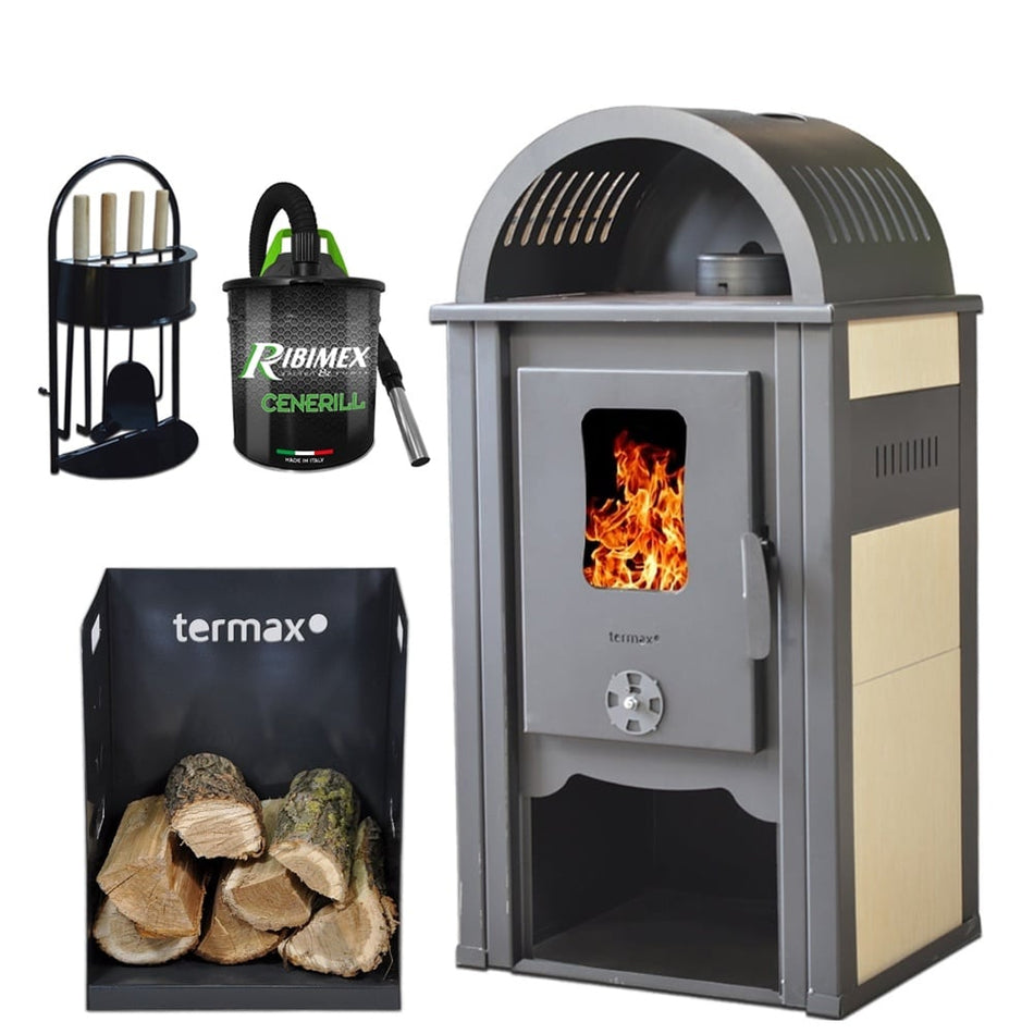 Pachet soba pe lemn Termax Aurora, 8.45 kW, randament 80.36%, 55 m², Bej, set accesorii, aspirator cenusa si suport lemne foc metalic Termax M