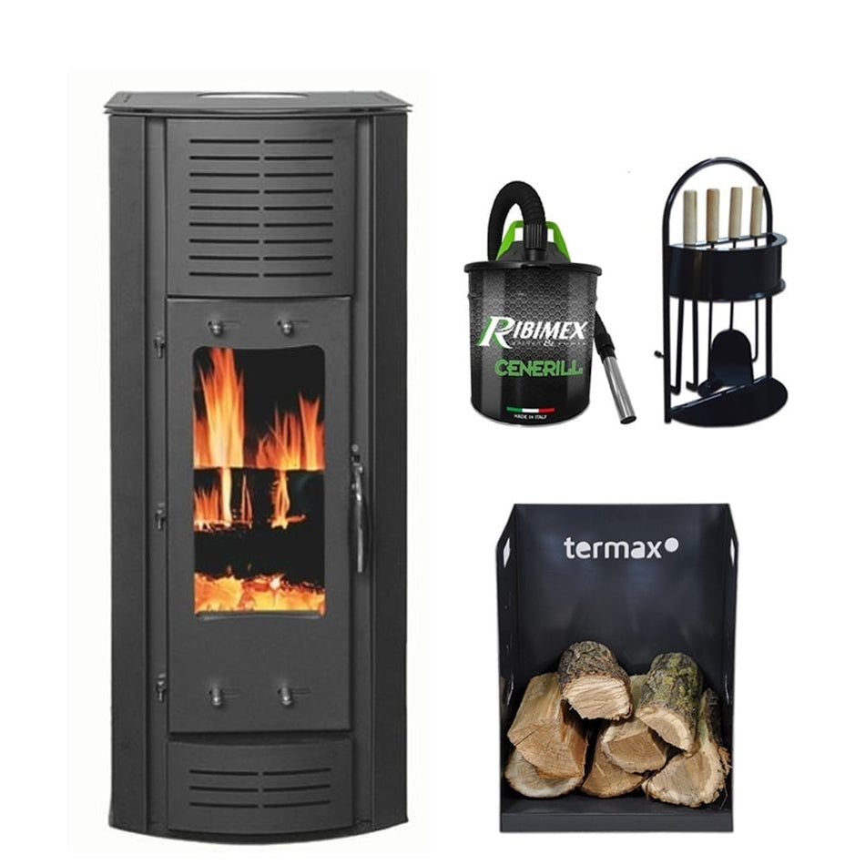 Pachet soba pe lemn Termax Belissima, 9.47 kW, randament 84.32%, 60 m², Antracit, set accesorii, aspirator cenusa si suport lemne foc metalic Termax M