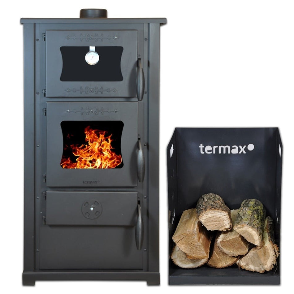 Pachet soba pe lemn Termax Bucovina, 12.2 kW, cuptor incorporat, randament 84.17%, 80 m², Bordo si suport lemne foc metalic Termax M cu design vertical si robust, 50 x 40 x 36 cm
