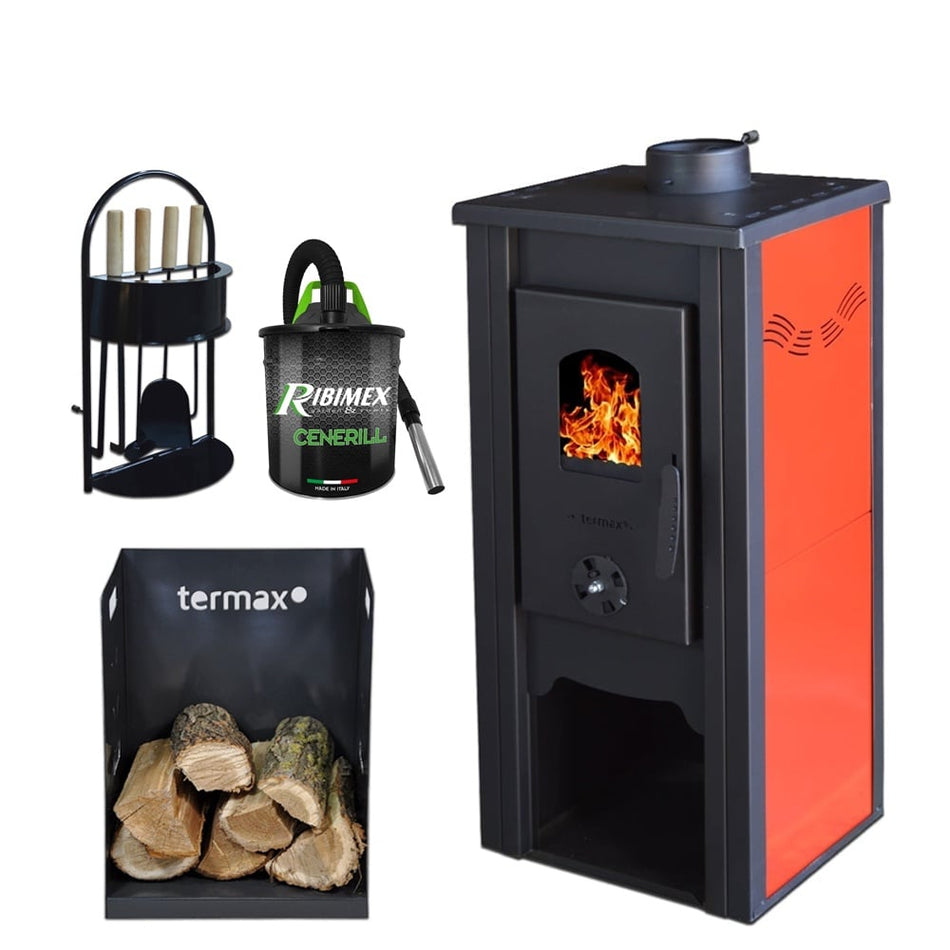 Pachet soba pe lemn Termax Bucur, 6.11 kW, randament 86.49%, 40 m², Rosu, set accesorii, aspirator cenusa si suport lemne foc metalic Termax M