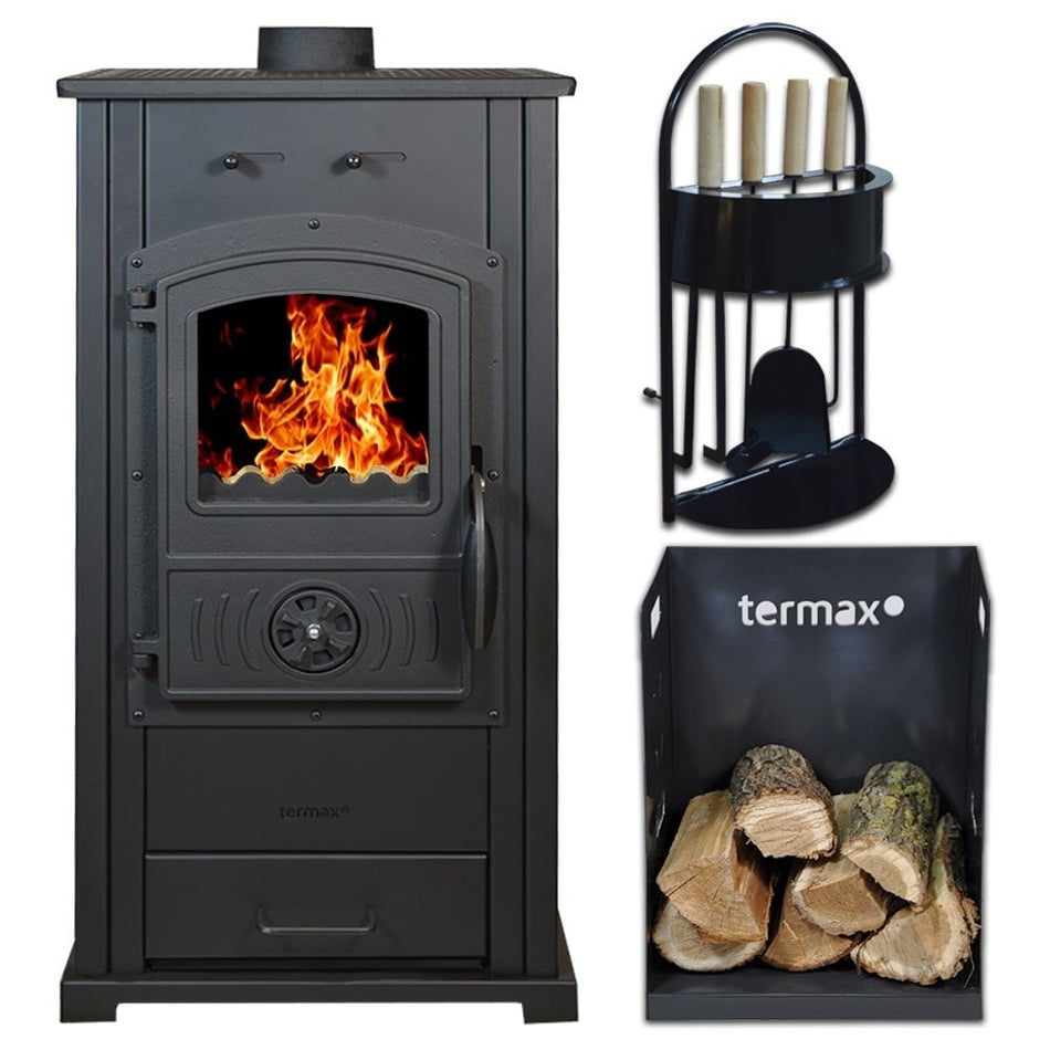 Pachet soba pe lemn Termax Bunica, 8.45 kW, randament 80.36%, 55 m², set accesorii, Termax si suport lemne foc metalic Termax M