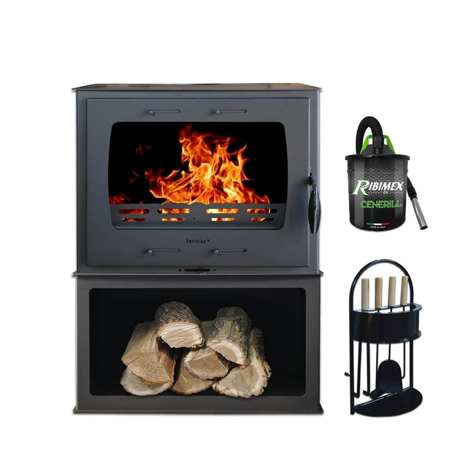 Pachet soba pe lemn Termax Ilinca, 12.2 kW, randament 84.17%, 80 m², spatiu depozitare lemne, Negru, set accesorii si aspirator cenusa