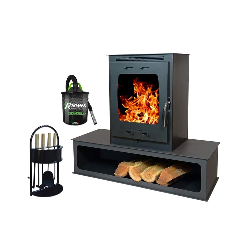 Pachet soba pe lemn Termax Mina, 9.47 kW, randament 84.32%, 60 m², spatiu depozitare lemne, Negru, set accesorii si aspirator cenusa