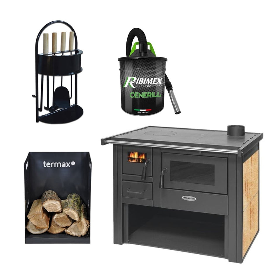 Pachet soba pe lemn Termax Nobil, 7.12 kW, evacuare pe dreapta, cuptor integrat, randament 81.27%, 47 m², Bej, set accesorii, aspirator cenusa si suport lemne foc metalic Termax M