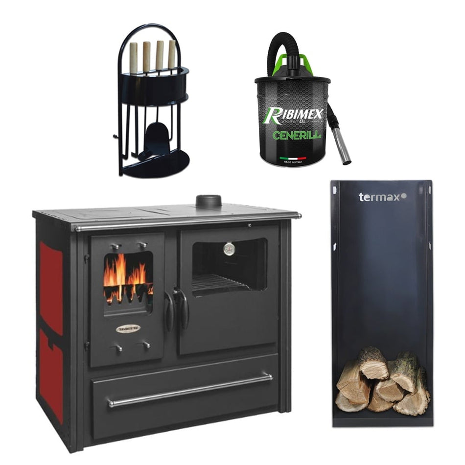 Pachet soba pe lemn Termax Rustik, Samota, 9.5 kW, evacuare pe dreapta, cuptor integrat, randament 76.1%, 63 m², Bordo, set accesorii, aspirator cenusa si suport lemne foc metalic Termax XL