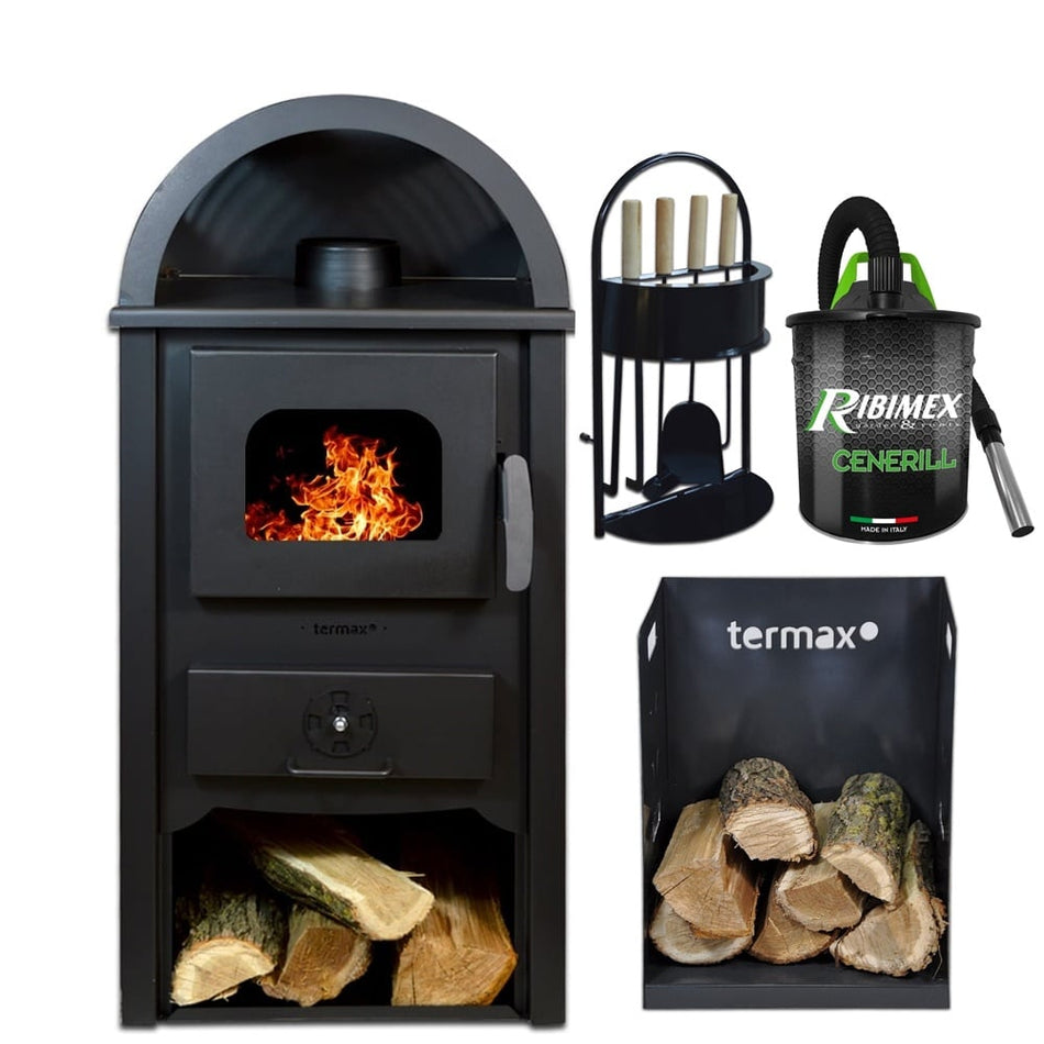 Pachet soba pe lemn Termax Toader, 7.02 kW, randament 85.74%, 45 m², Negru, set accesorii, aspirator cenusa si suport lemne foc metalic Termax M