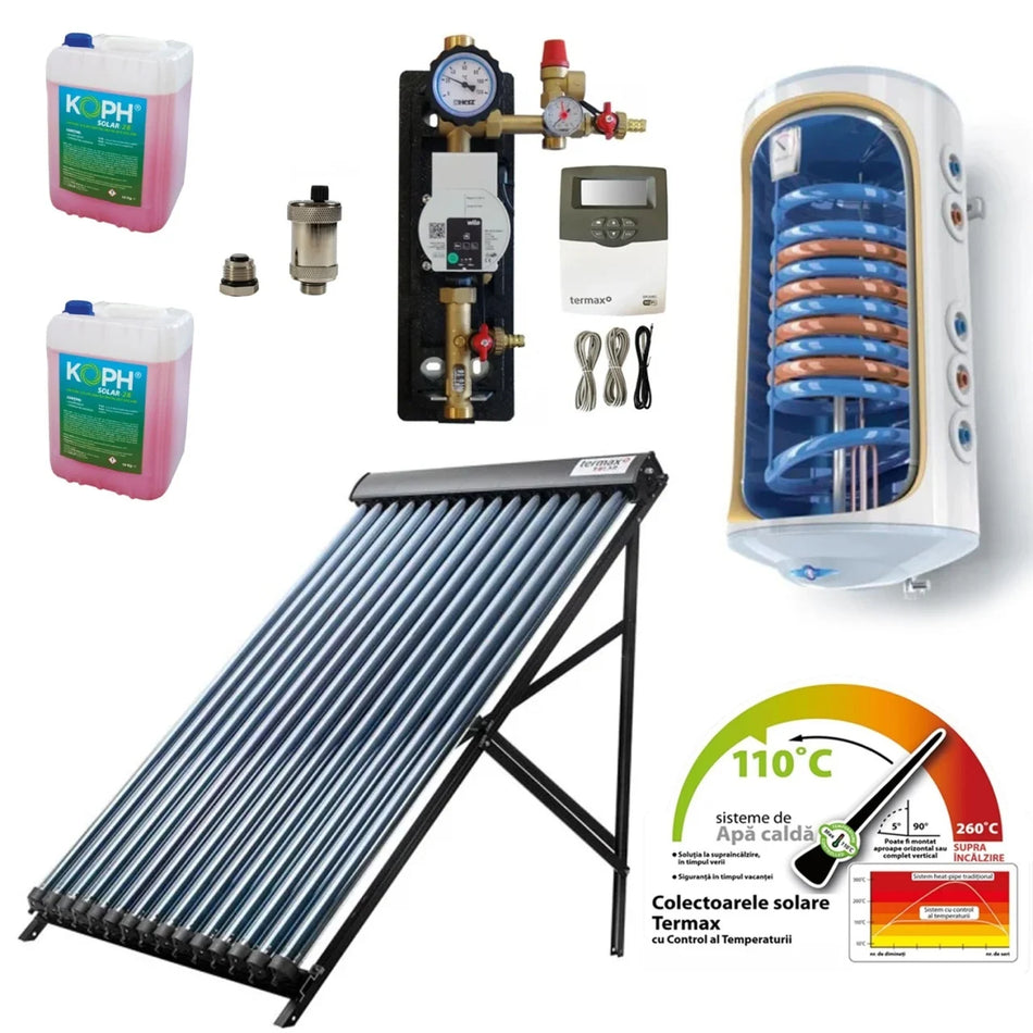 Pachet solar confort Termax 2 persoane T281 - Colector solar cu 15 tuburi vidate echipate cu heat-pipe, control temperatura + Grup pompare si Automatizare + Antigel + Boiler termoelectric 120 litri cu 2 serpentine Tesy