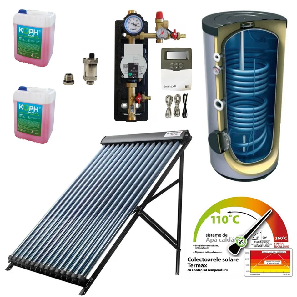 Pachet solar confort Termax 4 persoane T204 - Colector solar cu 24 tuburi vidate echipate cu heat-pipe, control temperatura + Grup pompare si Automatizare + Antigel + Boiler stativ 200 litri cu 2 serpentine Tesy