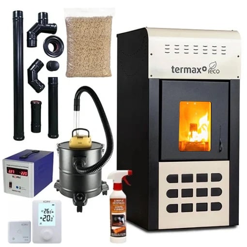 Pachet termosemineu cu peleti Termax Kamin ECO, 25 kW, 160 mp, buncar peleti 45 kg, volum apa 42 litri, diametru cos fum ⌀80 mm, vas expansiune si pompa recirculare incluse, Crem