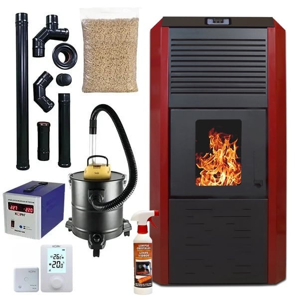 Pachet termosemineu cu peleti Termax Kamin ECO, 30 kW, 220 mp, buncar peleti 55 kg, volum apa 49 litri, diametru cos fum ⌀80 mm, vas expansiune si pompa recirculare incluse, Bordo