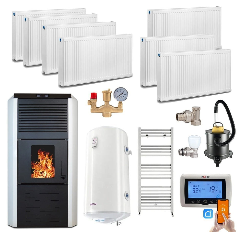Pachet termosemineu cu peleti Termax Kamin ECO, 30 kW, 220 mp, buncar peleti 55 kg, volum apa 49 litri, diametru cos fum ⌀80 mm, vas expansiune si pompa recirculare incluse, Calorifere, Boiler Termoelectric Tesy 100 litri, Termostat inteligent KOPH CT99