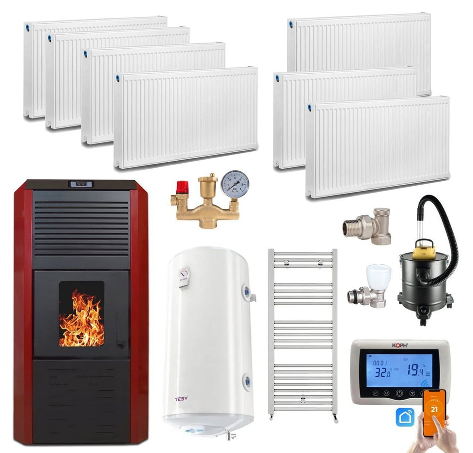 Pachet termosemineu cu peleti Termax Kamin ECO, 30 kW, 220 mp, buncar peleti 55 kg, volum apa 49 litri, diametru cos fum ⌀80 mm, vas expansiune si pompa recirculare incluse, Calorifere, Boiler Termoelectric Tesy 100 litri, Termostat inteligent KOPH CT99