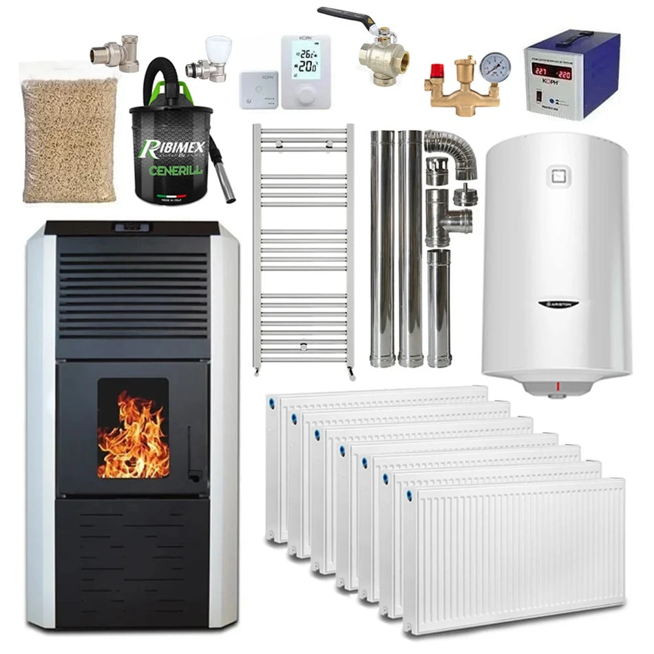 Pachet termosemineu cu peleti Termax Kamin ECO, 30 kW, 220 mp, buncar peleti 55 kg, volum apa 49 litri, diametru cos fum ⌀80 mm, vas expansiune si pompa recirculare incluse, Alb, Grup siguranta, Calorifere, Robineti, Boiler termoelectric 100 litri