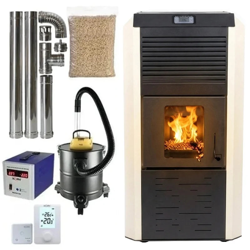 Pachet termosemineu cu peleti Termax Kamin ECO, 30 kW, 220 mp, buncar peleti 55 kg, volum apa 49 litri, diametru cos fum ⌀80 mm, vas expansiune si pompa recirculare incluse, Crem