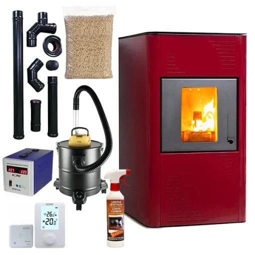 Pachet termosemineu cu peleti Termax Kamin PM 15 kW, 120 mp, buncar peleti 30 kg, volum apa 30 litri, diametru cos fum ⌀80 mm, vas expansiune si pompa recirculare incluse, Bordo