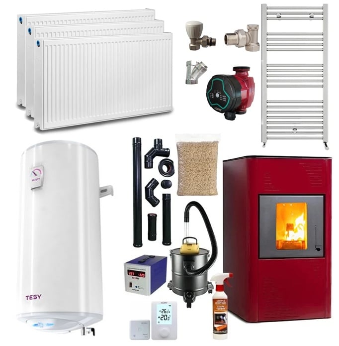 Pachet termosemineu cu peleti Termax Kamin PM 15 kW, 120 mp, buncar peleti 30 kg, volum apa 30 litri, diametru cos fum ⌀80 mm, vas expansiune si pompa recirculare incluse, Bordo, Calorifere, Boiler termoelectric