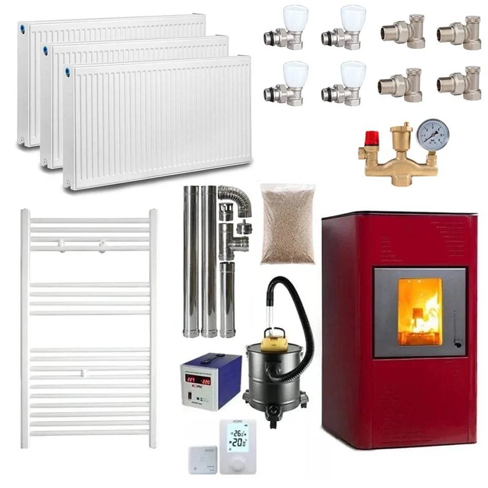 Pachet termosemineu cu peleti Termax Kamin PM 15 kW, 120 mp, buncar peleti 30 kg, volum apa 30 litri, diametru cos fum ⌀80 mm, vas expansiune si pompa recirculare incluse, Bordo, Calorifere, Robineti, Grup siguranta