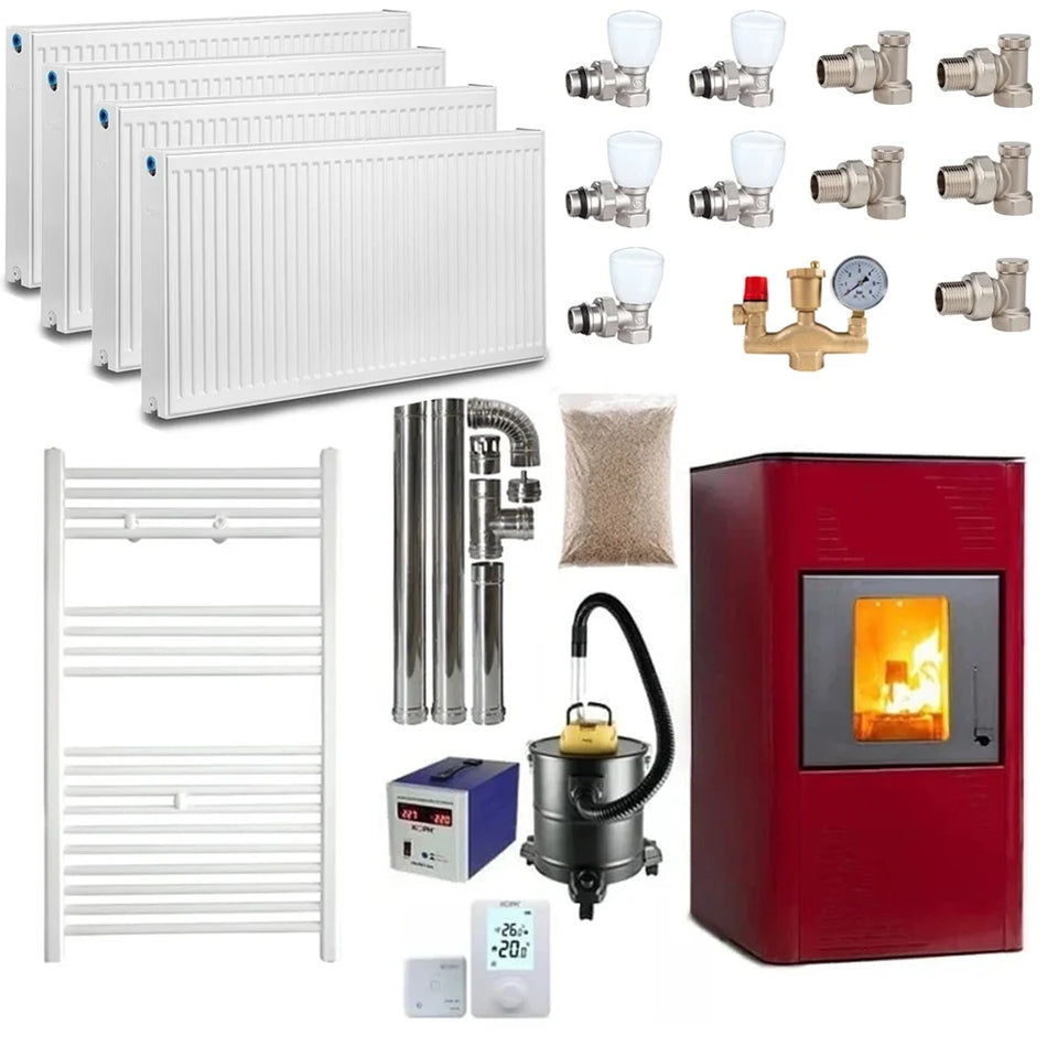 Pachet termosemineu cu peleti Termax Kamin PM 15 kW, 120 mp, buncar peleti 30 kg, volum apa 30 litri, diametru cos fum ⌀80 mm, vas expansiune si pompa recirculare incluse, Bordo, Grup siguranta, Calorifere, Robineti
