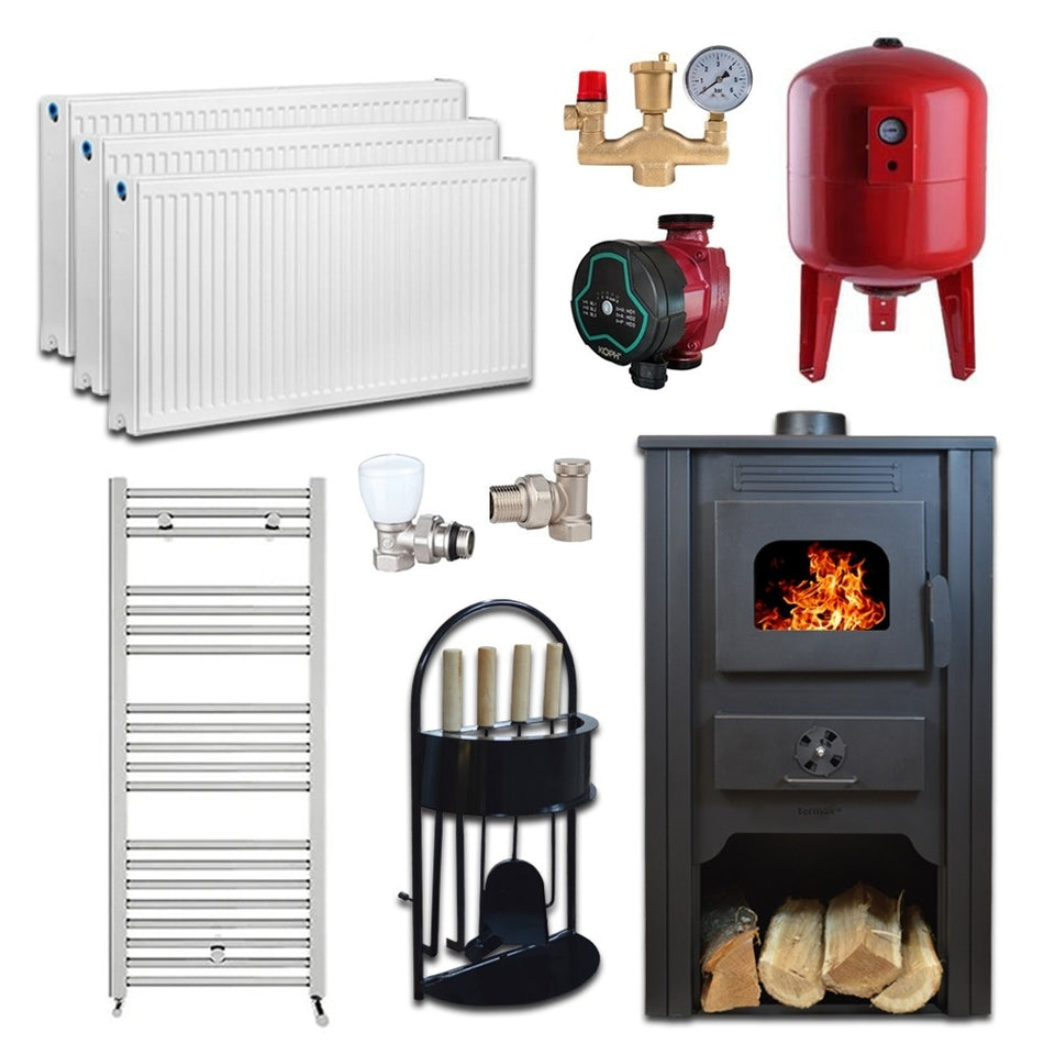 Pachet termosemineu pe lemn Termax Alma, 11.52 kW, randament 85.59%, 75 m², Rosu, Calorifere, Pompa Recirculare, Grup siguranta, Vas expansiune, Robineti tur/retur