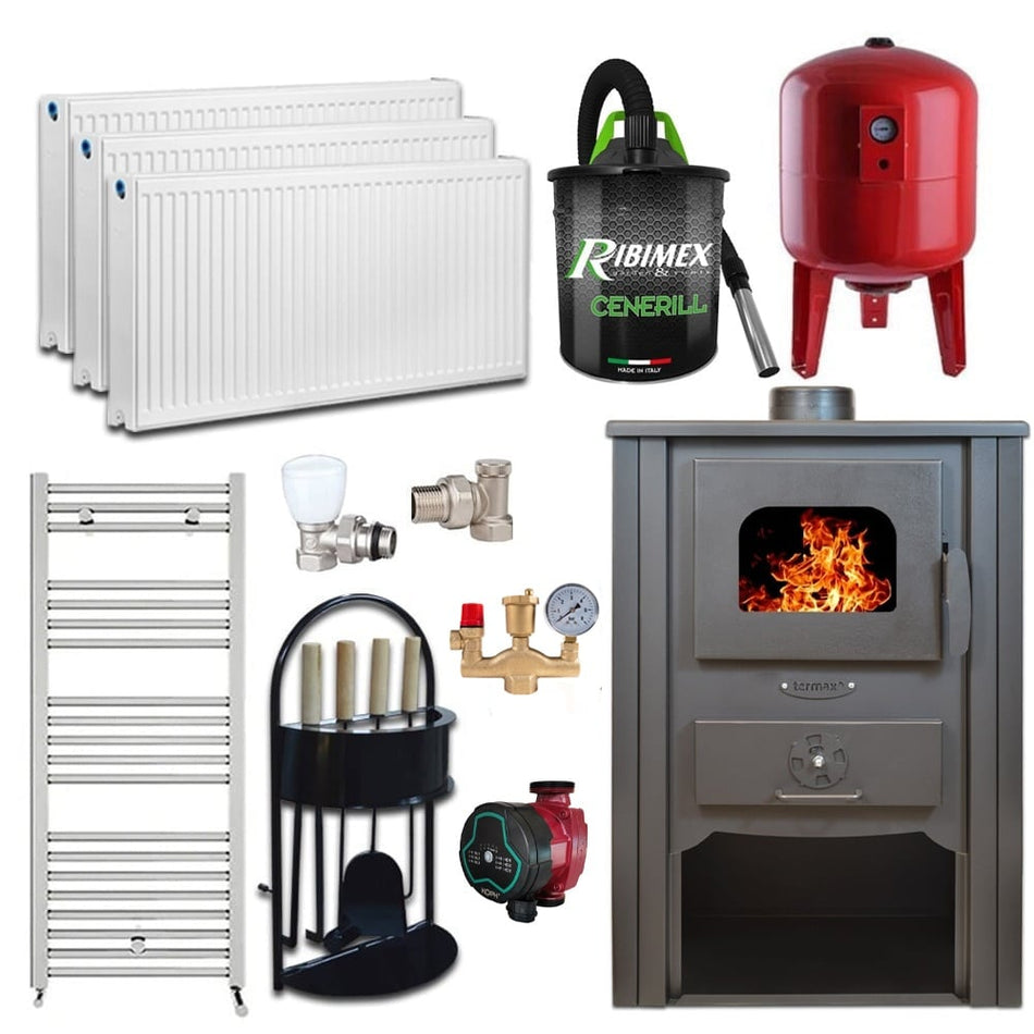 Pachet Termosemineu pe lemn Termax Decebal, 11.52 kW, randament 85.59%, 75 m², Bordo, Calorifere, Pompa Recirculare, Grup siguranta, Vas expansiune, Robineti tur/retur, Aspirator cenusa si set accesorii