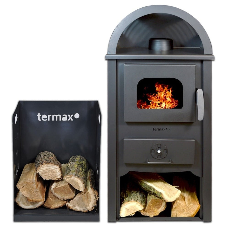 Pachet termosemineu pe lemn Termax Faurar, 11.52 kW, randament 85.59%, 75 m², Antracit si suport lemne foc metalic Termax M cu design vertical si robust, 50 x 40 x 36 cm