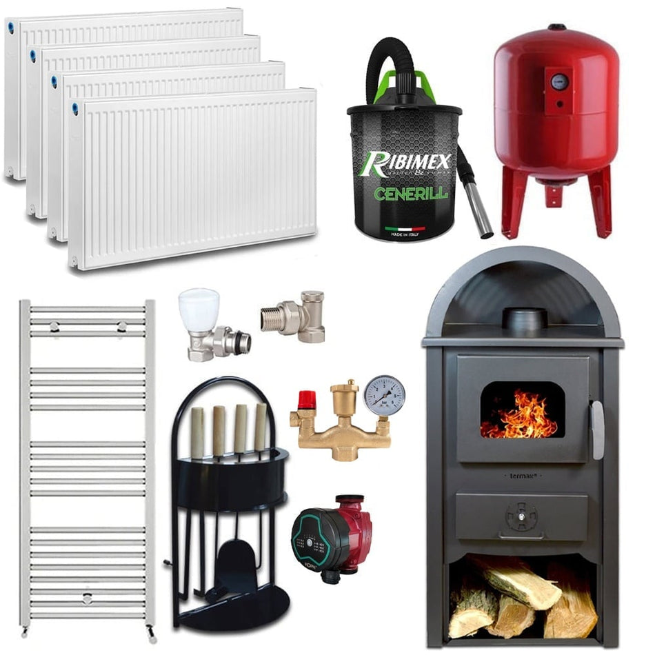 Pachet Termosemineu pe lemn Termax Faurar, 11.52 kW, randament 85.59%, 75 m², Antracit, Calorifere, Pompa Recirculare, Grup siguranta, Vas expansiune, Robineti tur/retur, Aspirator cenusa si set accesorii