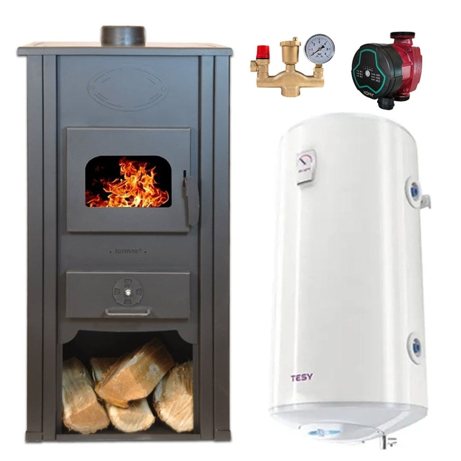 Pachet Termosemineu pe lemn Termax Thermis, 24.43 kW, randament 85.10%, 155 m², Rosu, Grup siguranta, Pompa recirculare si Boiler termoelectric Tesy 100 litri
