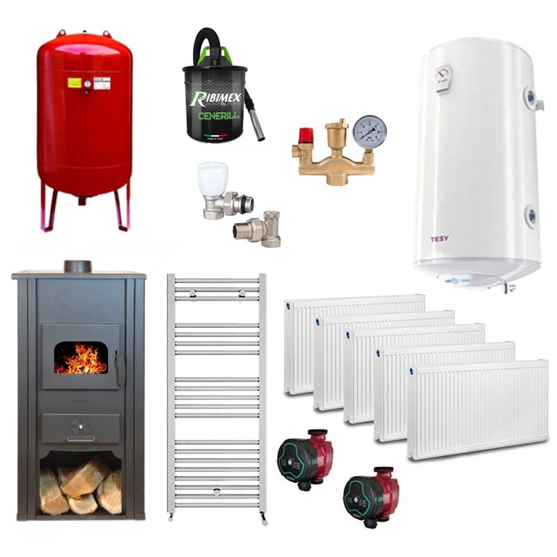 Pachet Termosemineu pe lemn Termax Thermis, 24.43 kW, randament 85.10%, 155 m², Bej, Calorifere, Pompe Recirculare, Grup siguranta, Vas expansiune, Robineti tur/retur, Aspirator cenusa, Boiler termoelectric Tesy 100 litri
