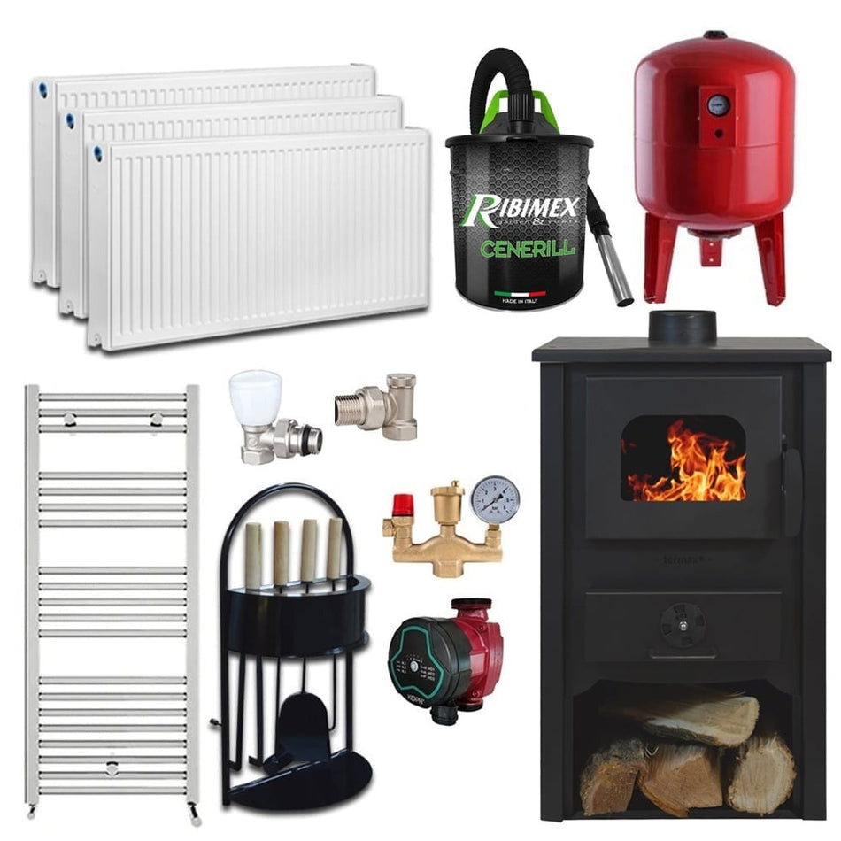 Pachet Termosemineu pe lemn Termax Vulcan, 11.52 kW, randament 85.59%, 75 m², Negru, Calorifere, Pompa Recirculare, Grup siguranta, Vas expansiune, Robineti tur/retur, Aspirator cenusa si set accesorii