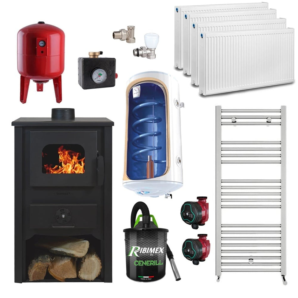 Pachet termosemineu pe lemn Termax Vulcan, 11.52 kW, randament 85.59%, 75 m², Negru, Calorifere, Pompe Recirculare, Grup siguranta, Vas expansiune, Robineti tur/retur, Aspirator cenusa, Boiler termoelectric Tesy 80 litri