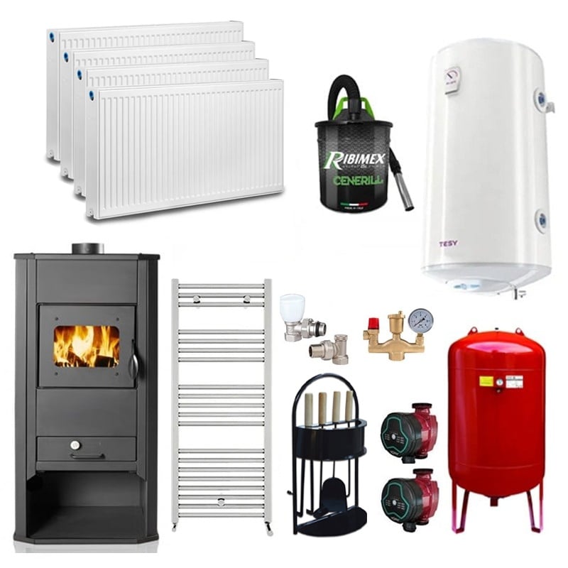 Pachet Termosemineu pe lemne/brichete Termax Kamin 21 kW, Bordo, Calorifere, Pompe Recirculare, Grup siguranta, Vas expansiune, Robineti tur/retur, Aspirator cenusa, Boiler termoelectric Tesy 100 litri si set accesorii